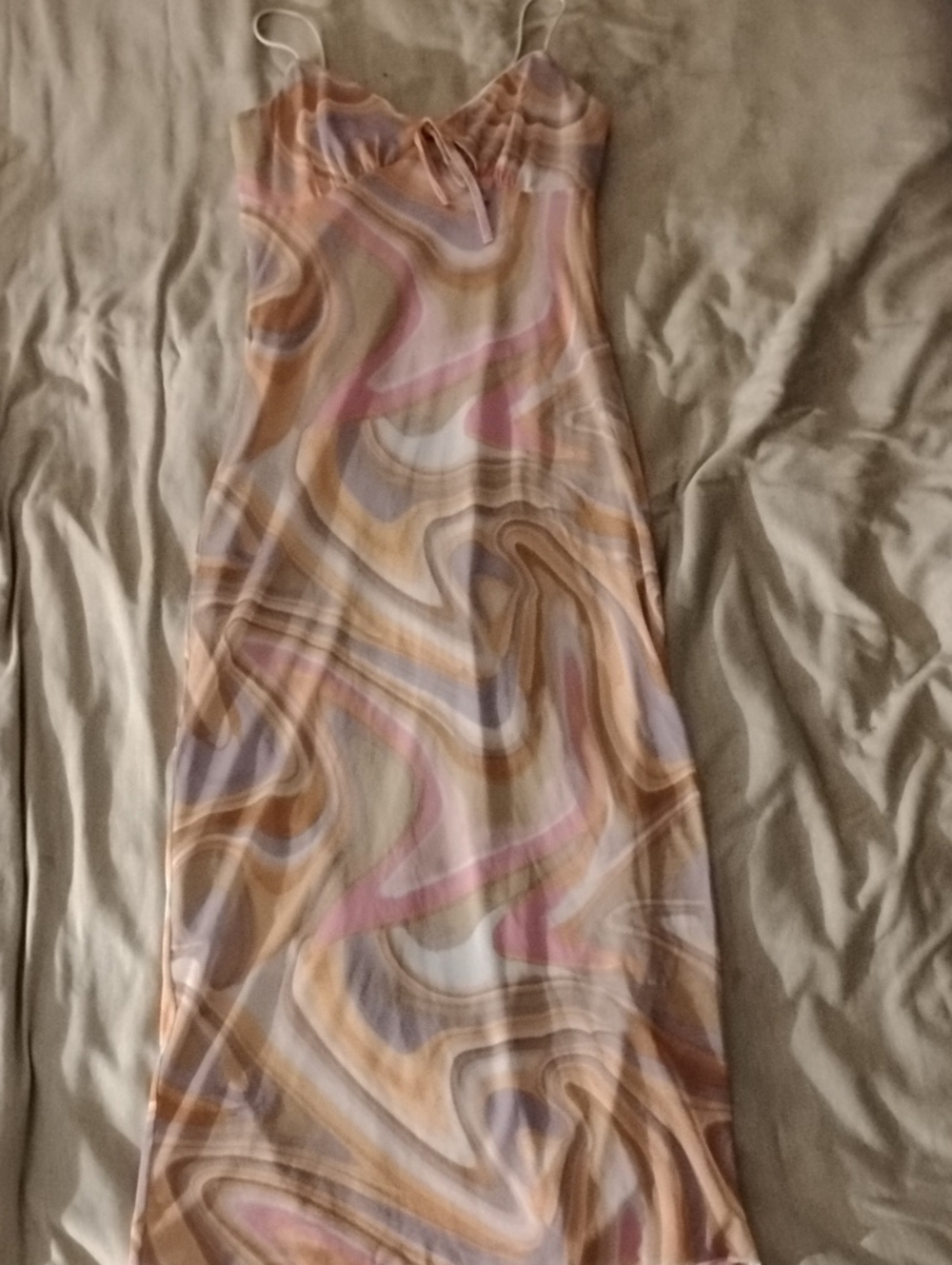 Pastel Marble Maxi Slip Dress with Spaghetti Straps